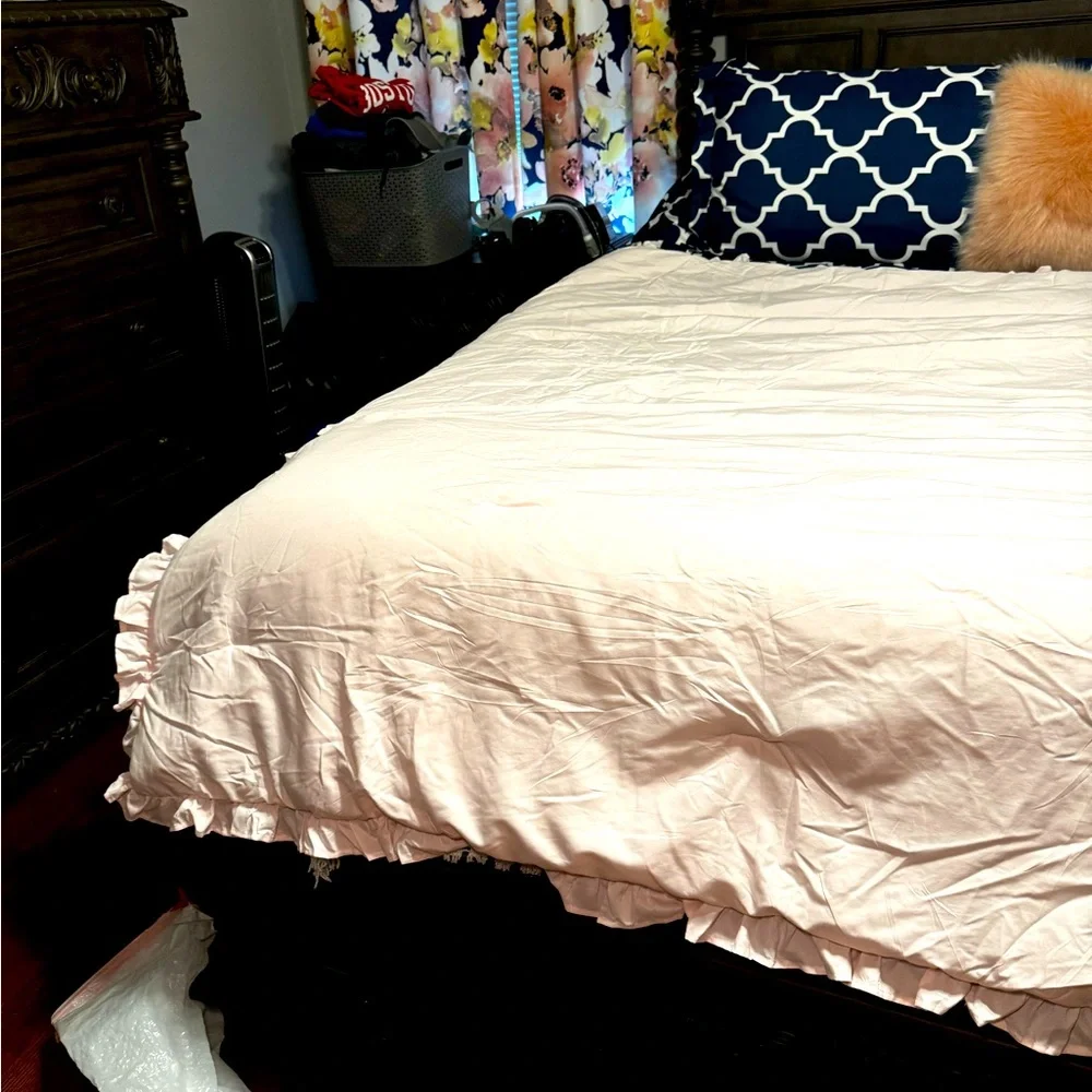 Euc pale pink ruffle comforter with sheets and pillow case twin xl
